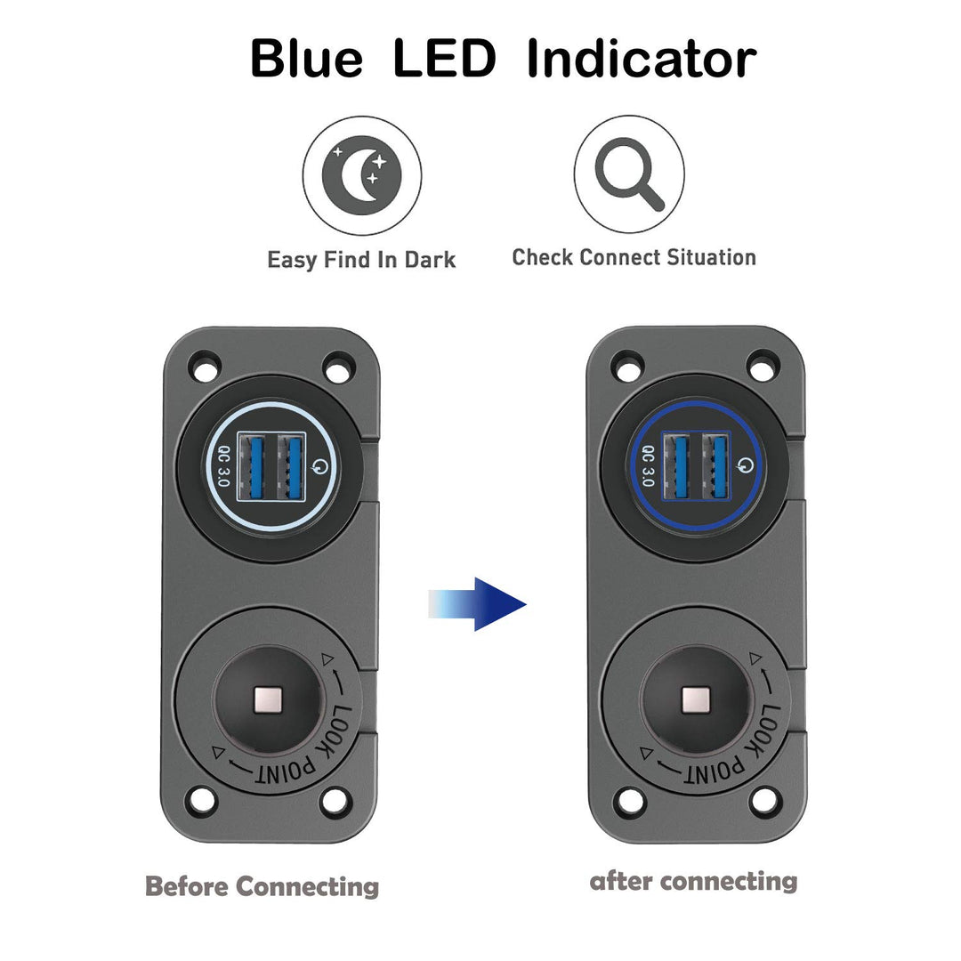 QC 3.0 USB Outlet 12V Boat Marine Waterproof Cigarette Lighter Socket Splitter 12 Volt DC Power Charger Adapter DIY Kit with Blue LED Dual USB Ports for Rocker Switch Panel on Car RV Golf Cart ATV