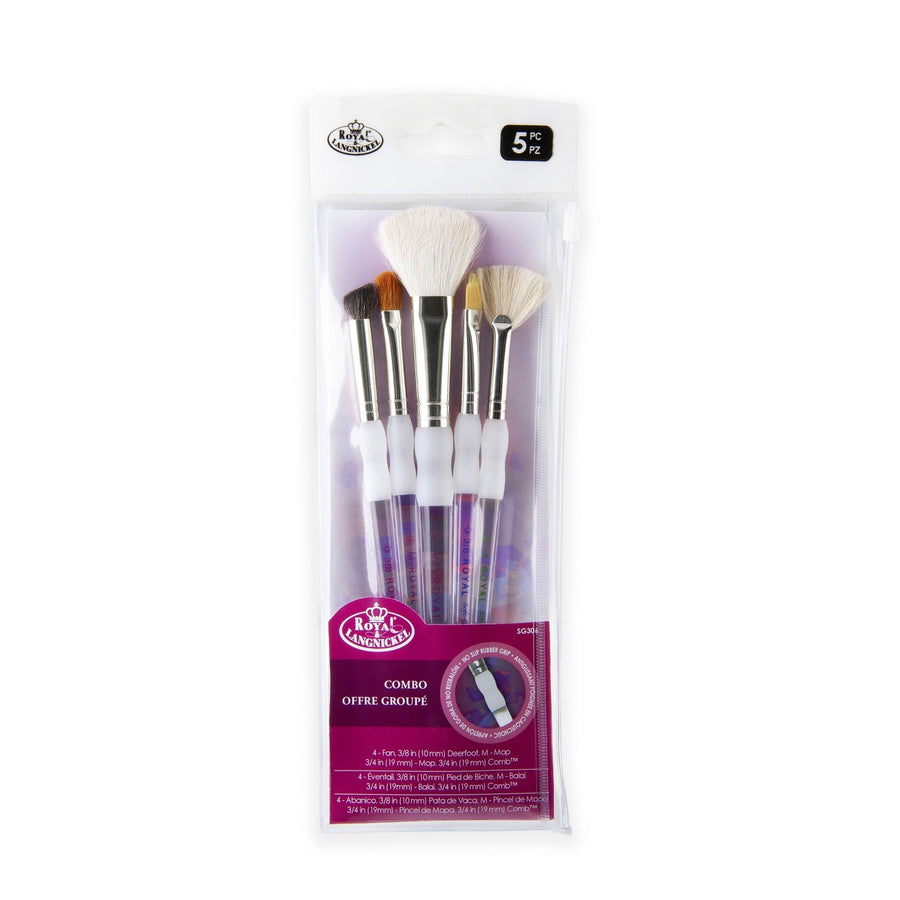 Soft Grip 5pc Assorted Hair Texture Paint Brush Set, Includes - Deerfoot, Comb, Mop & Fan Brushes