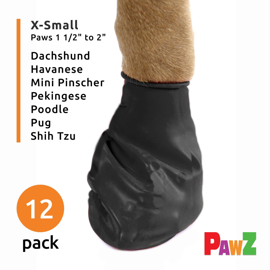 PawZ Rubber Dog Boots for Paws up to 2, 12 Pack - All-Weather Dog Booties for Hot Pavement, Snow, Mud, and Rain - Waterproof, Anti Slip Dog Socks - X-Small, Black