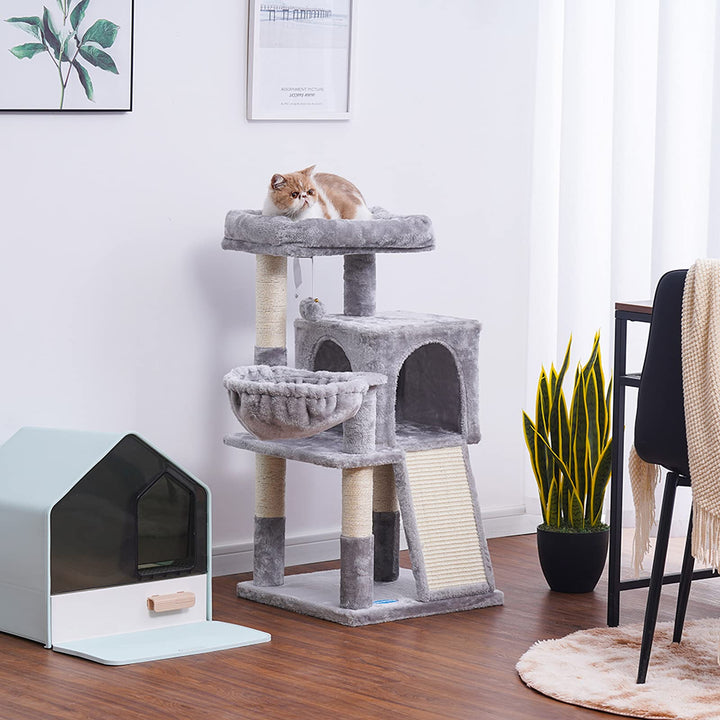 Cat Tree with Sisal Scratching Posts, Cat Tower with Scratching Board, Cat Condo with Basket,Light Grey MPJ014W