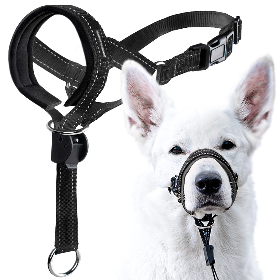 Dog Head Halter with Safety Strap - Stops Heavy Pulling On The Leash - Padded Headcollar for Small Medium and Large Dog Sizes - Head Collar Training Guide Included (Size 1, Black)