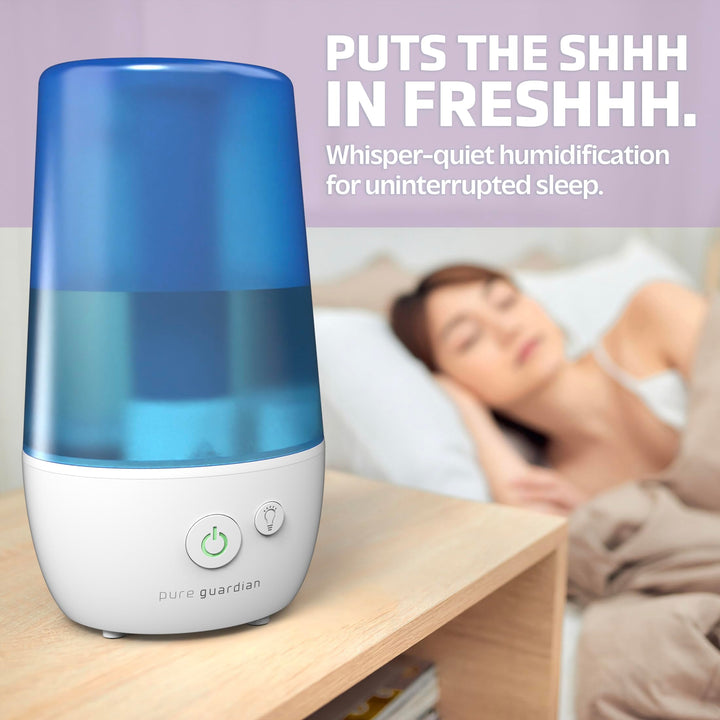 H965AR Ultrasonic Cool Mist Humidifier, 70 Hrs. Run Time, 1 Gal. Tank Capacity, 320 Sq. Ft. Coverage, Small Rooms, Filter Free, Silver Clean Treated Tank, Includes Essential Oil Tray
