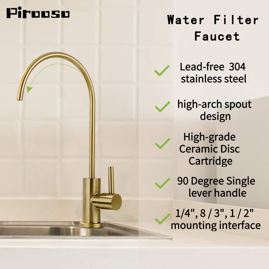 Brushed Brass Water Filter Faucet, Drinking Water Faucet, 360° Swivel Kitchen Sink Water Filter Faucet, Fits Most Reverse Osmosis Units or Under Sink Water Filtration System, Brushed Gold