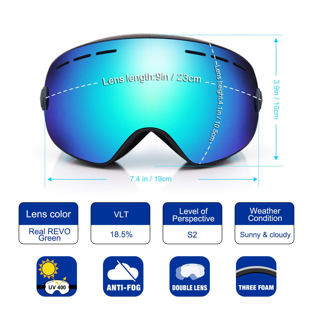 Snowboard Ski Goggles Men Women Youth, Anti Fog OTG Winter Snow Goggles Spherical Detachable Lens (Green)