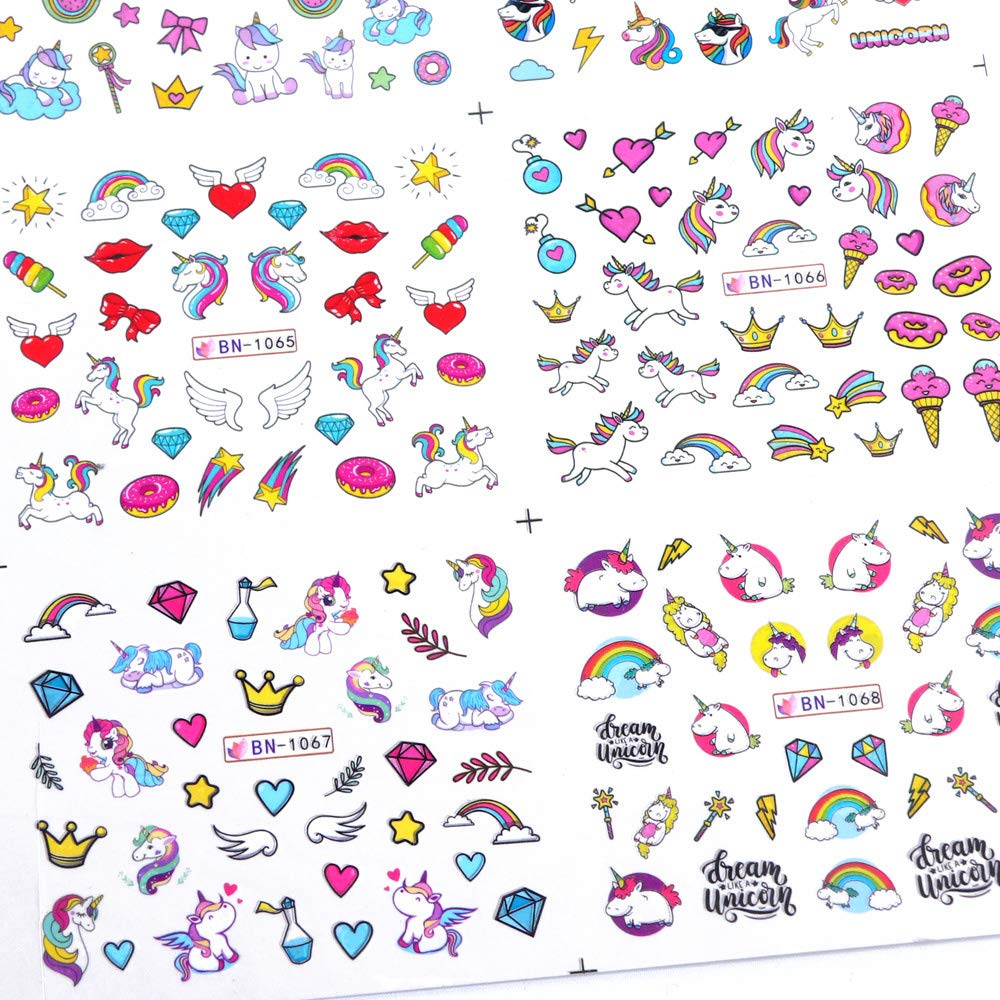 Unicorn Nail Art Stickers for Girls 12 Sheets Cute Nail Beauty Supplies Decals Unicorns Stars Moons Cherries Flamingos Rainbows Design for Nails DIY Decorations Manicure Tips Kids Birthday Gifts