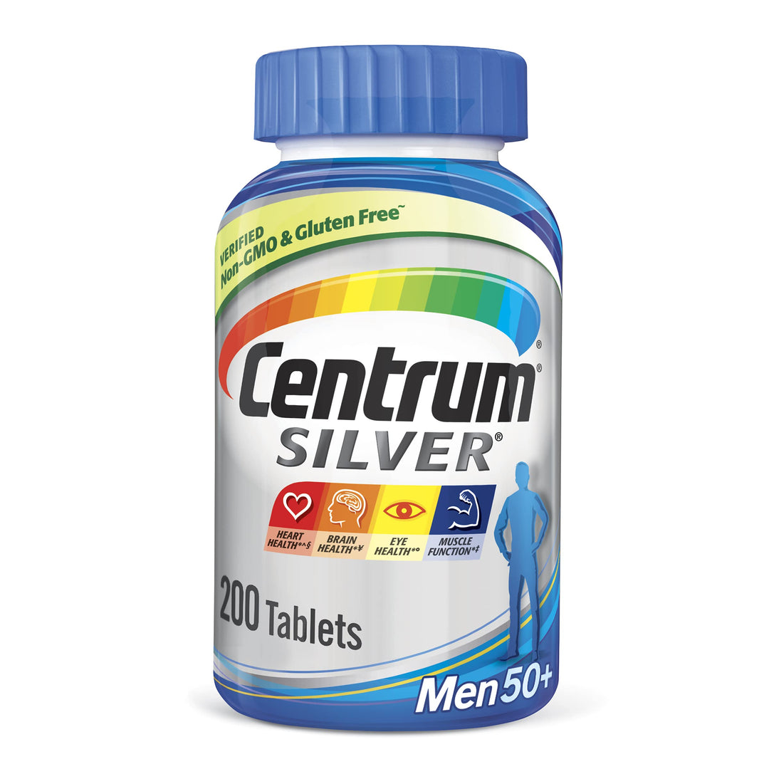 Silver Multivitamin for Men 50 Plus, Multivitamin/Multimineral Supplement with Vitamin D3, B Vitamins and Zinc, Gluten Free, Non-GMO Ingredients - 200 Count
