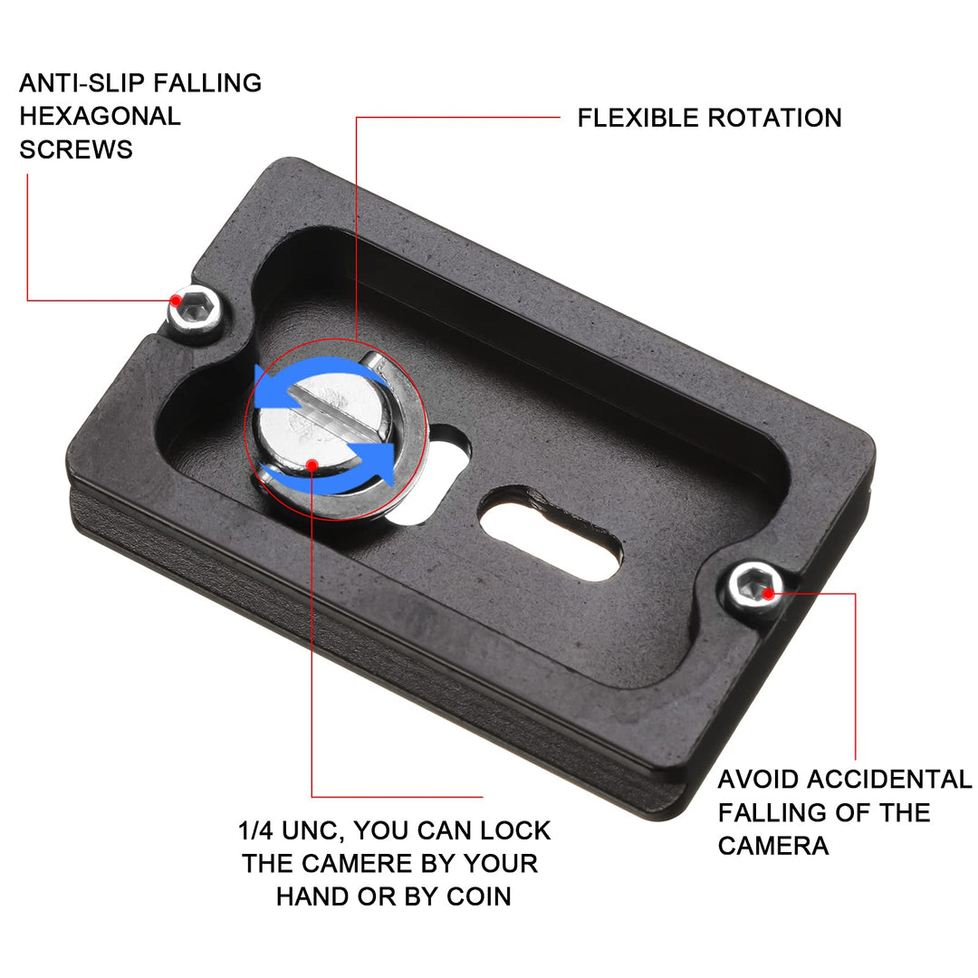2 Pieces Metal Quick Release Plate with 1/4''-20 Camera Screw Tripod Mount Plate Fits Standard for DSLR Camera Tripod Ball Head(Black,Pu60)