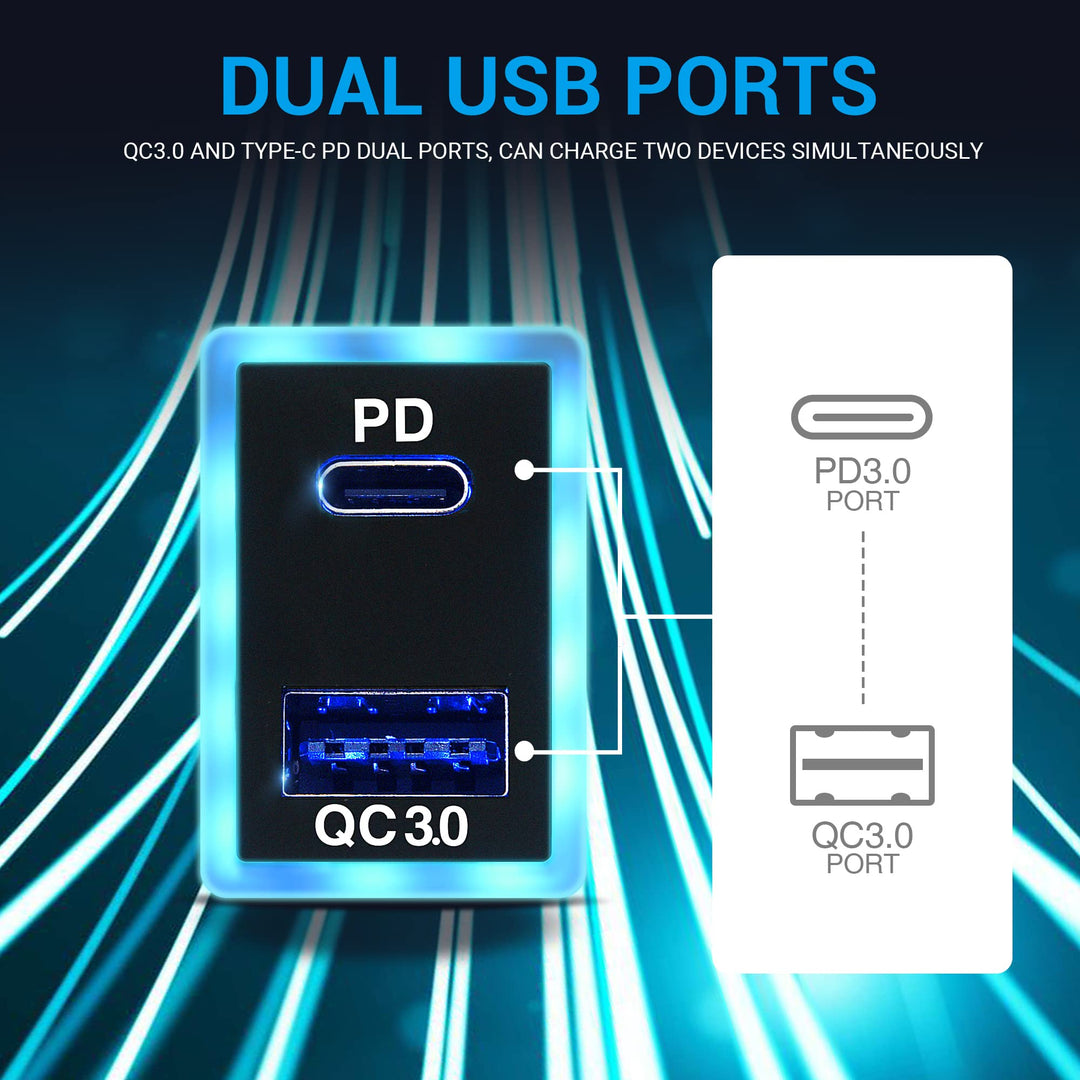 12V/24V USB Type C Car Charger Replacement for Toyota, Dual USB Ports QC3.0 & PD Type C Car Power Socket Compatible with iPhone iPad PDA Laptop GPS (1.3''×0.9'')
