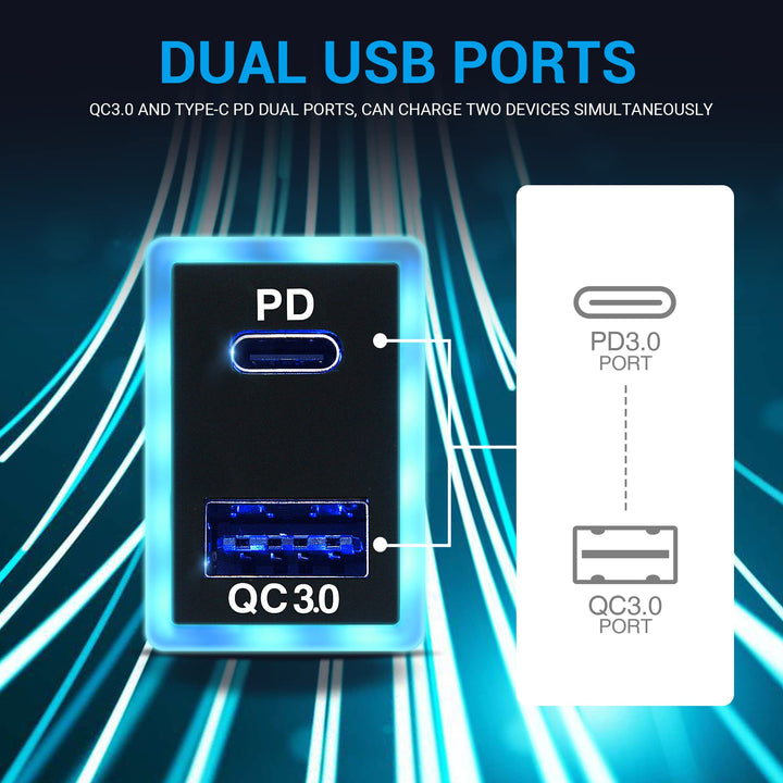 12V/24V USB Type C Car Charger Replacement for Toyota, Dual USB Ports QC3.0 & PD Type C Car Power Socket Compatible with iPhone iPad PDA Laptop GPS (1.3''×0.9'')