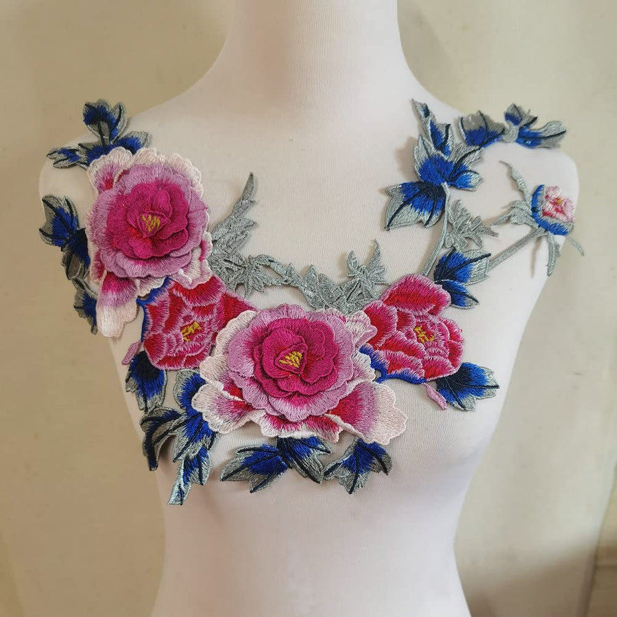 2pcs Beautiful Flowers Embroidered Sewing Applique Patches (Bright Pink C)