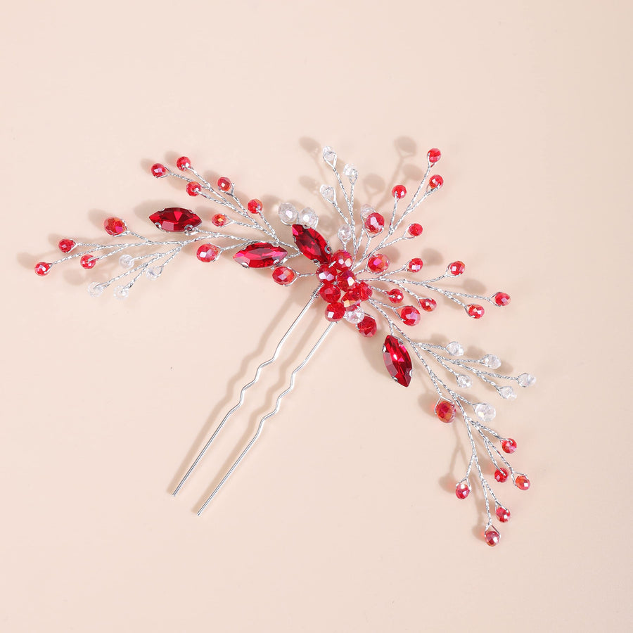 Red Crystal Silver Hair Piece for Women and Girls Wedding Bridal Red Hair Jewelry Handmade Boho Hair Accessory (Red)