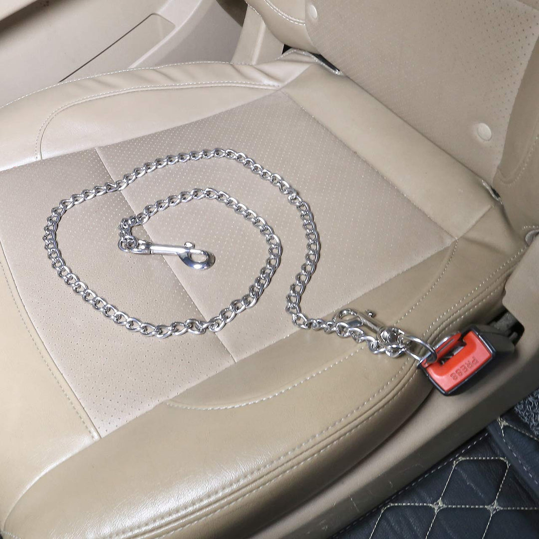 Stainless Steel No chew Dog Car, Pet Vehicle Safety Restraint, Heavy Duty Big Canine Dog Car Leash Strap with Double Clip and Latch Attachment-25 Inch