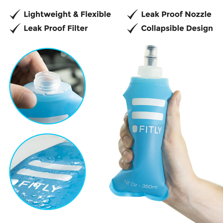 Soft Flask - 12 oz (350 ml)- Shrink As You Drink Pocket Soft Water Bottle for Hydration Pack/Running Vest- Folding Water Bottle for Running, Hiking, Cycling - Ski Water Bottles (FLASK350)