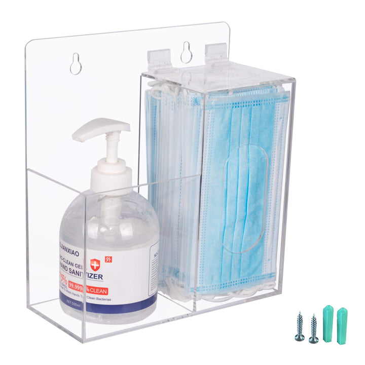 Acrylic Mask Dispenser & Hand Sanitizer Holder Stand Wall Mount or Countertop, Hygiene Station with Double Compartment Clear Box Dispenser for Face Masks, Gloves, Hairnets, Beard Cover, Bag