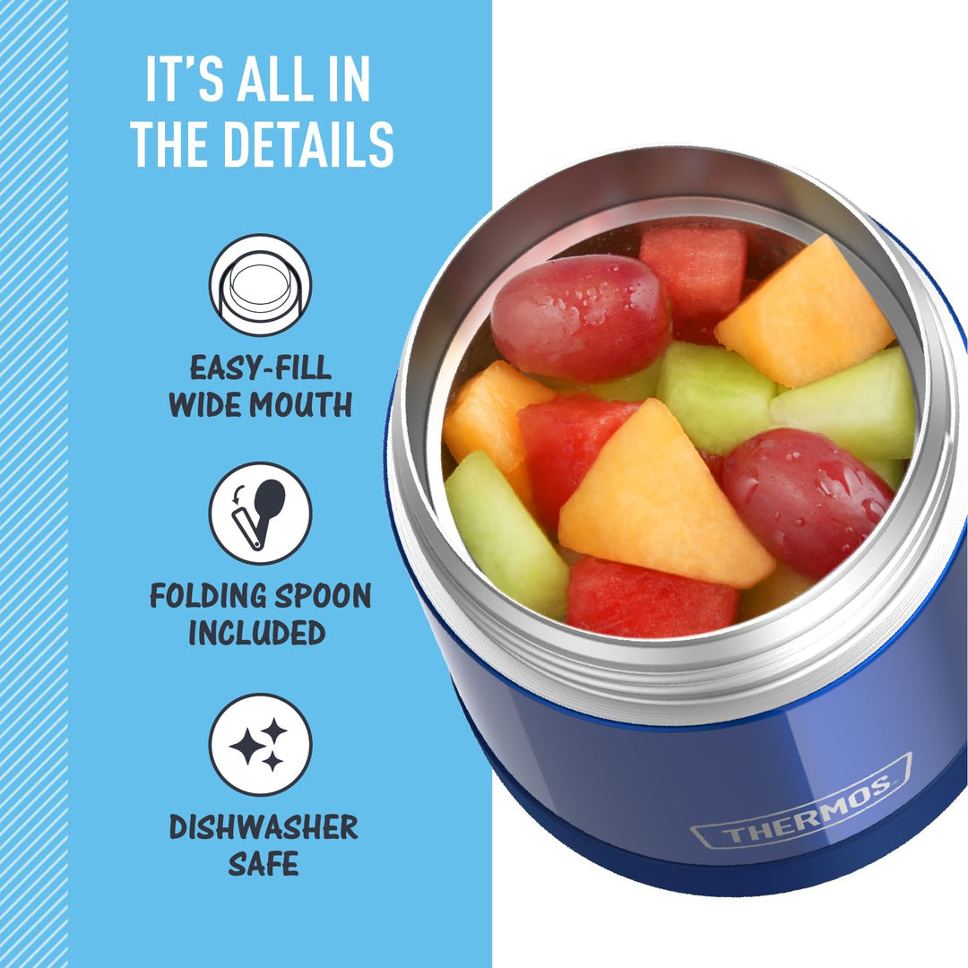 FUNTAINER 10 Ounce Stainless Steel Vacuum Insulated Kids Food Jar with Folding Spoon, Navy
