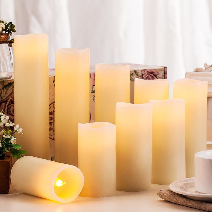 Flameless Candles Battery Operated Candles 4 5 6 7 8 9 Set of 9 Ivory Real Wax Pillar LED Candles with 10-Key Remote and Cycling 24 Hours Timer