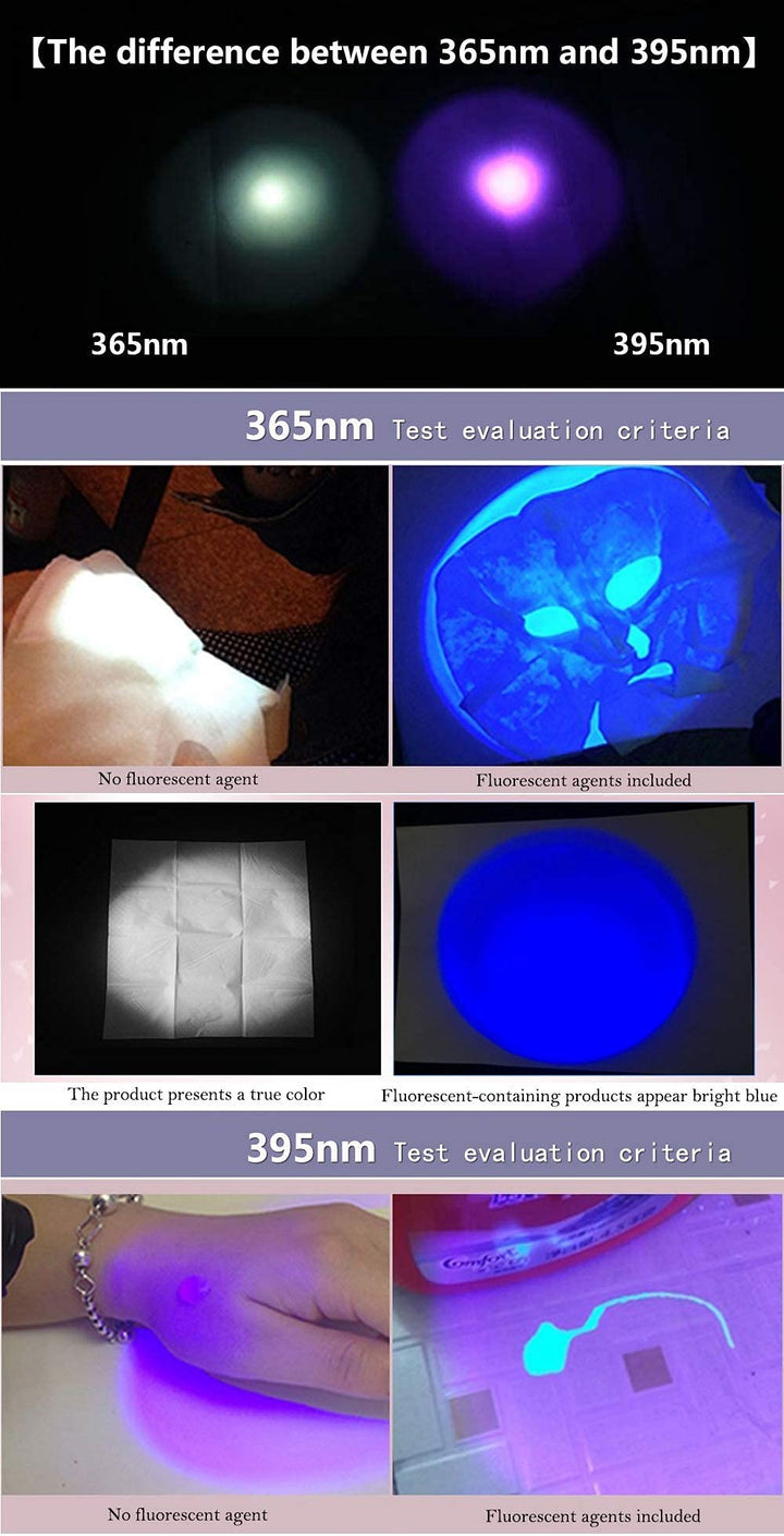 UV 365nm and 395nm Light Wood's lamp Blacklight Ultraviolet Flashlight LED Portable Mini Handheld Torch, Detector for Dog Urine Pet Stains Anti-counterfeiting Identification, Resin Curing
