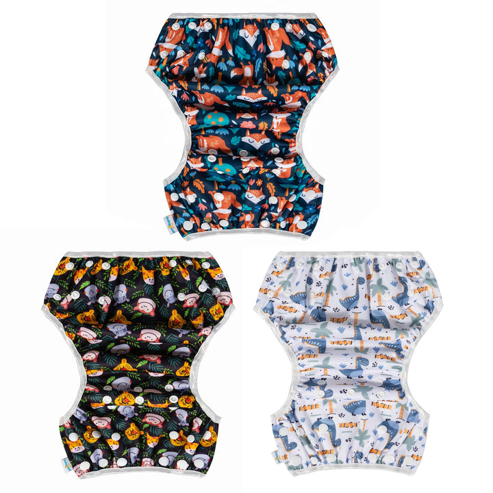 Babygoal Swim Diapers 3 Pack for 8M-3T Babies and Toddlers, Reusable Adjustable Washable for Baby Girl and Boy Swimming Lessons-Fox,Deer,Dinosaur