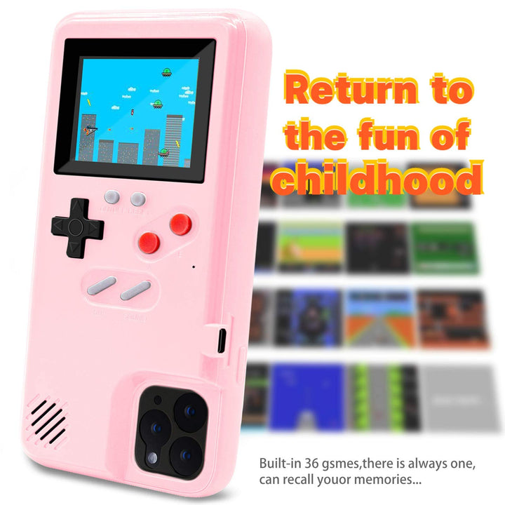 Game Console Case Compatible for iPhone 13/13 Pro, Retro Protective Cover Self-Powered Case with 36 Small Games, Full Color Display, Shockproof Video Game Bumper ONLY for 13/13 Pro - Pink