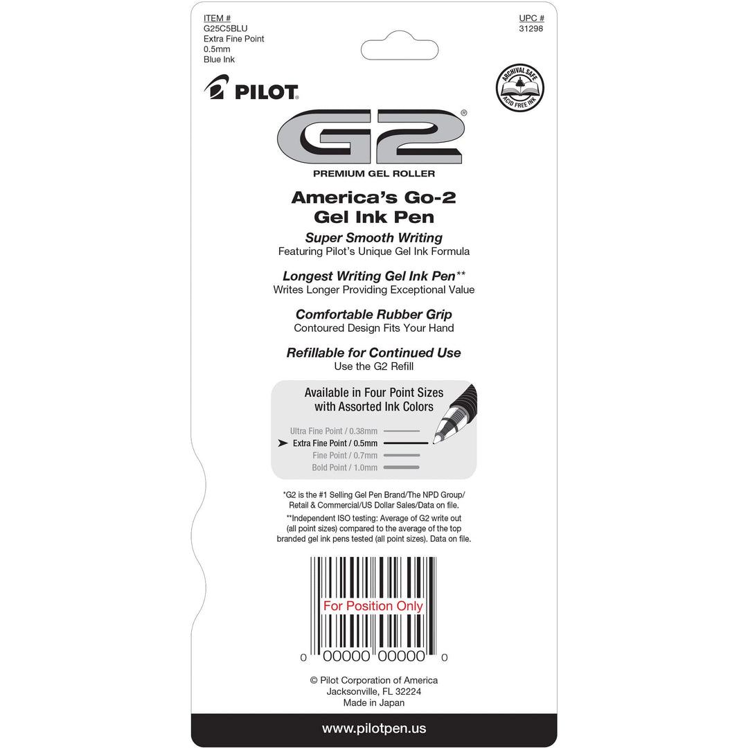 , G2 Premium Gel Roller Pens, Extra Fine Point 0.5 mm, Pack of 5, Blue