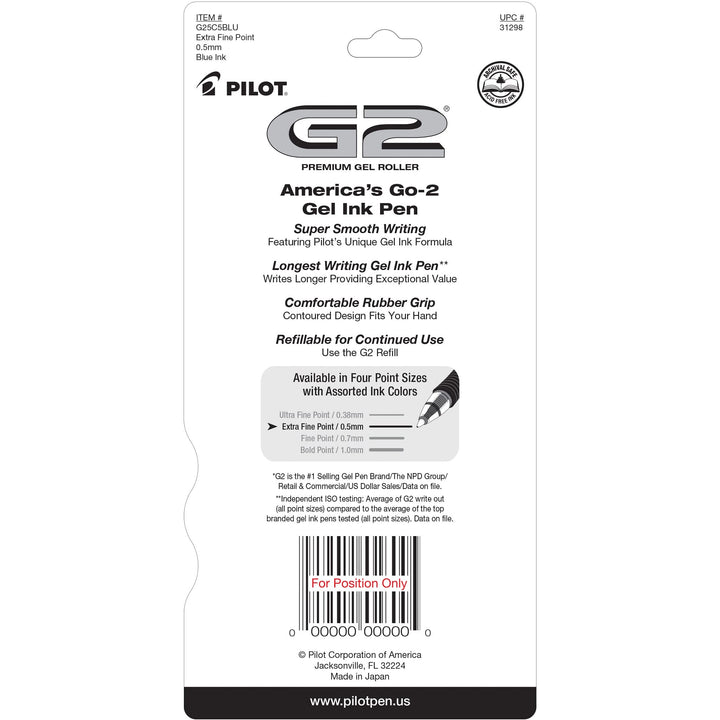 , G2 Premium Gel Roller Pens, Extra Fine Point 0.5 mm, Pack of 5, Blue