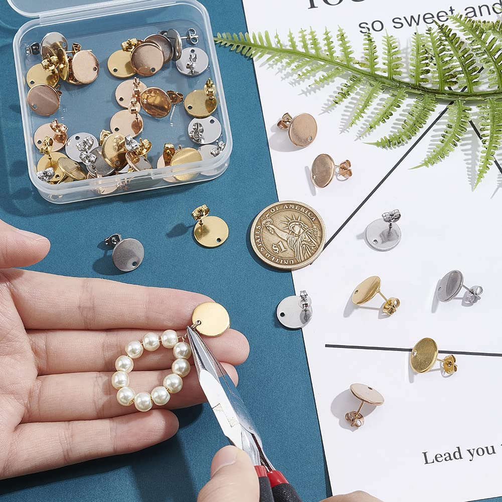 3 Colors 12mm Hypoallergenic Stud Earring Findings with Ear Nuts 21pairs Flat Round Stainless Steel Earrings with Loop Stud Earring with Flat Plate for Earring Jewelry Making
