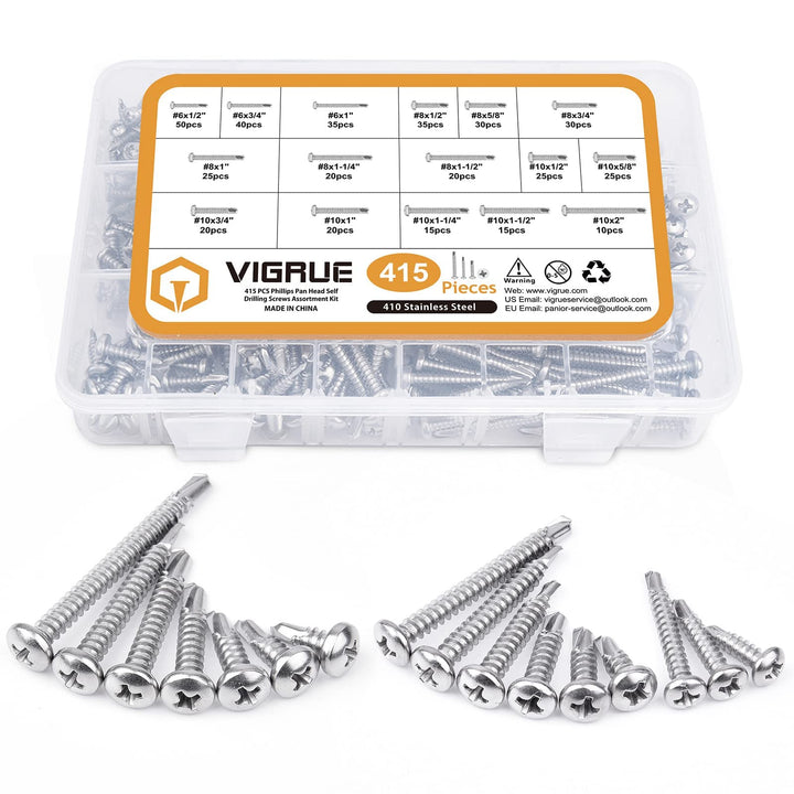 415Pcs #6#8#10 Self Tapping Screws, 410 Stainless Steel Phillips Pan Head Self Drilling Screws Assortment, Assorted Sheet Metal Screws