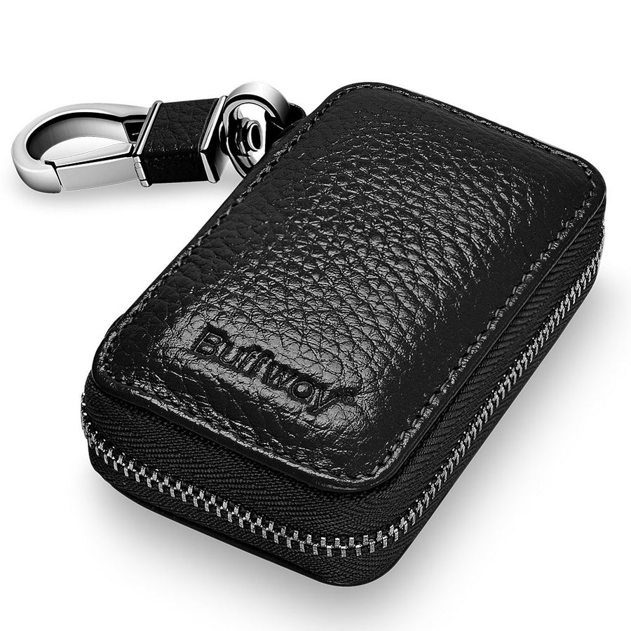 Car Key case,Genuine Leather Car Key Chain Keychain Holder Metal Hook and Keyring Zipper Bag for Remote Key Fob - Black