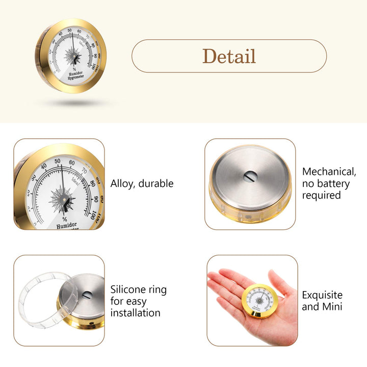 2 Pieces Hygrometer Analog Hygrometer Mechanical Round Hygrometer Humidity Gauge for Cabinet Cans, 2 Inch (Gold)