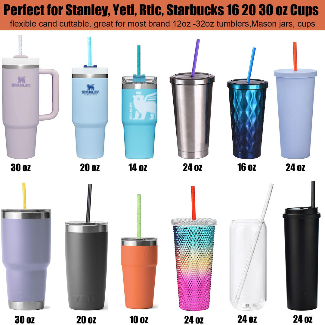 12-Pack Glitter Reusable Clear Plastic Straws, 11 Long Hard Tumbler Drinking Straws with Cleaning Brush (10 Colors)