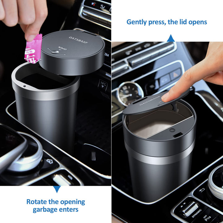2 in 1 Car Cup Holder Trash Can, Mini Car Trash Can with Lid and 3 Roll Mini Trash Bags, Small Coin Holder for Car with Dual Space, Waterproof Car Garbage Can Cup Holder -Round