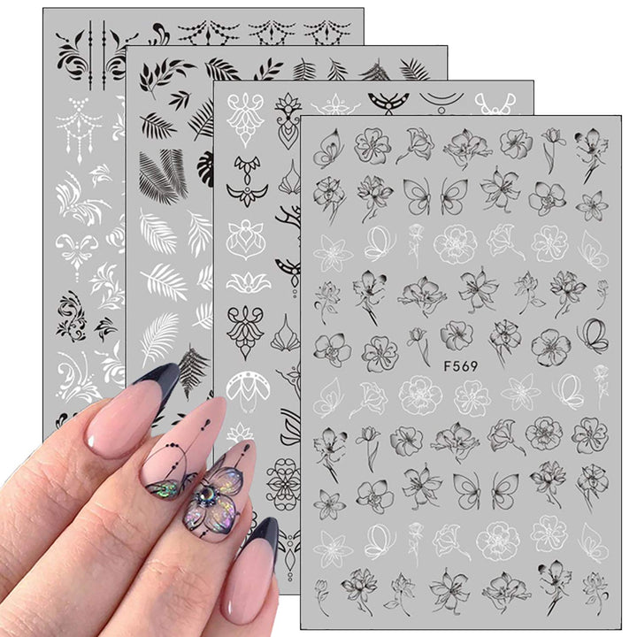 , 10 Sheets Black White Leaf Flower Line Nail Stickers Decals,3D Self-adhesive Retro Leaves Flowers Vine Geometry Line Nail Design For Acrylic Nails,DIY Nail Supplies Nail Decoration