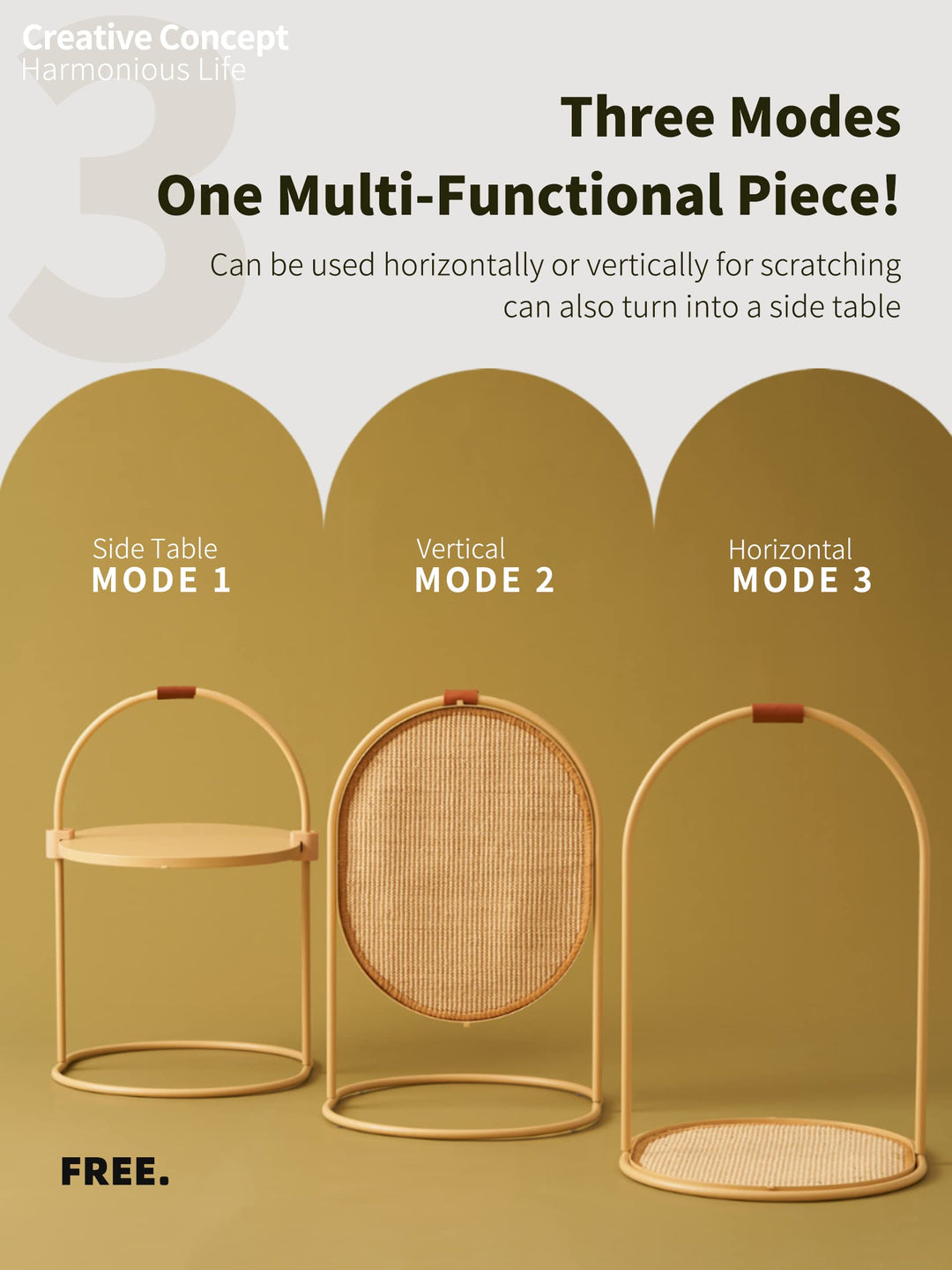 Cat Scratching Post, Three Modes Cat Scratcher, Cat Scratch Furniture Protector, Vertical/Horizontal/Side Table, Replaceable Sisal Scratch Pad for Indoor Cats - Yellow