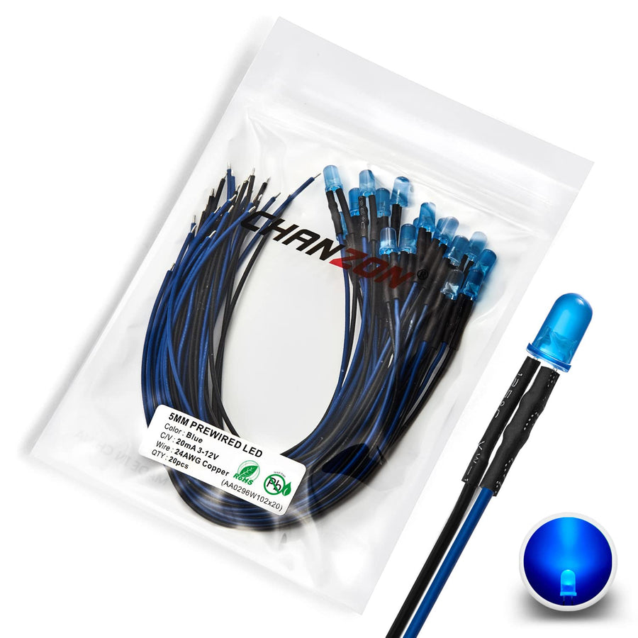 20 pcs Pre-Wired 5mm Blue LED Diode Lights (Round Diffused Frosted Lens DC 12V) with 560 ohms 1/4W Resistor and 24awg Wire Indicator Light Emitting Diodes Lighting 5mmled