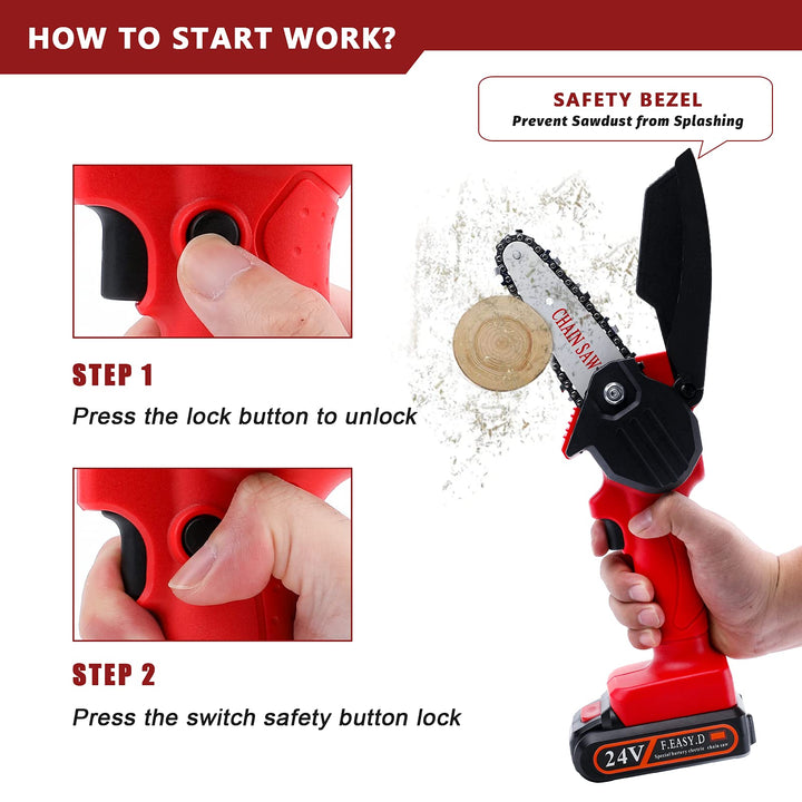 Mini Chainsaw Cordless, 4 Inch Electric Chainsaw for Women with 2pcs 2000mAh Rechargeable Battery 24V Portable Chainsaw Splash Baffle Safety Button, Handheld Chainsaw for Wood Cutting Tree Trimming