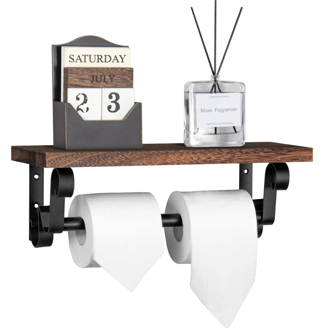 Lavievert Industrial Toilet Paper Holder, Double Roll Toilet Tissue Holder with Rustic Wood Shelf, Wall Mounted Pipe Toilet Paper Dispenser for Bathroom, Washroom, Kitchen - Brown