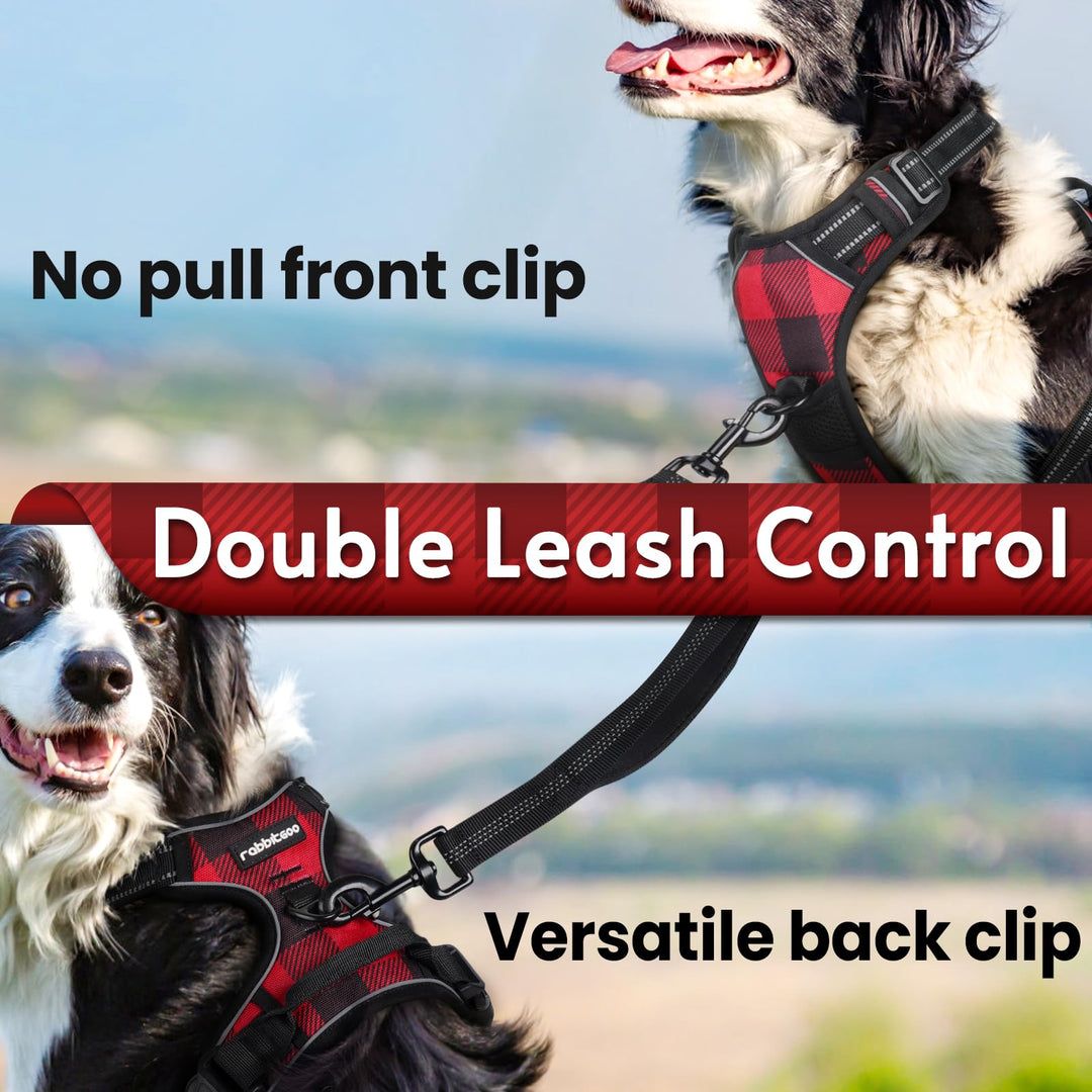 Dog Harness for Large Dogs No Pull, Comfortable Padded Plaid Dog Harness with Handle Easy Control, Adjustable Reflective Puppy Pet Harness Vest with 2 Leash Clips, Red Plaid, L