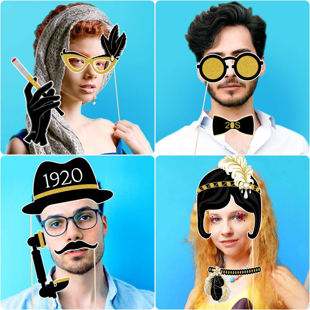 20pcs 1920s Photo Booth Props Roaring 20's Party Photo Props with Bamboo Sticks Creative Party Supplies, 1920s Themed Birthday Wedding Party Decoration Accessories