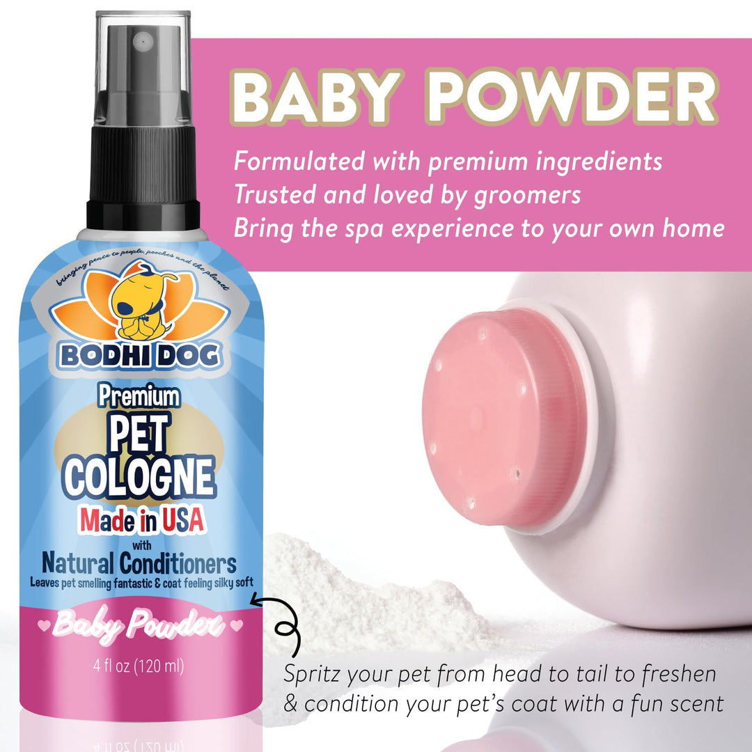 Natural Dog Cologne (Baby Powder) - Premium Scented Deodorizing Pet Perfume with Conditioner for Dogs & Cats - Keeps Pets Fresh & Clean - Gentle and Safe Formula, Made in USA (4 Fl Oz)