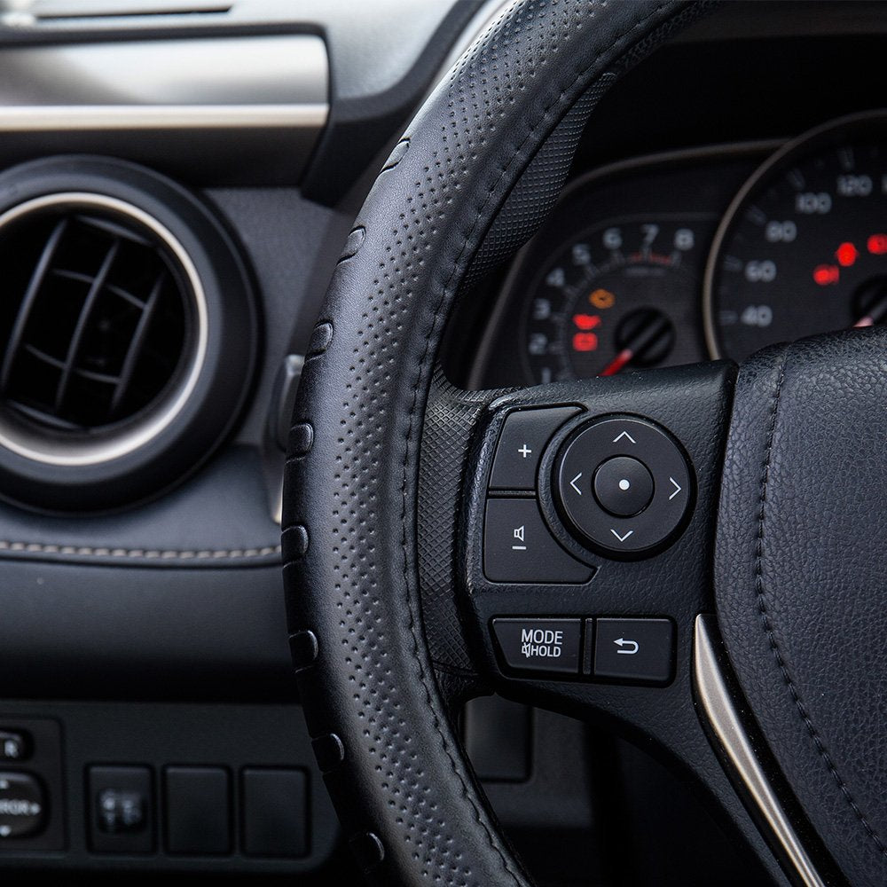 Fms Genuine Leather Car Steering Wheel Cover Universal 15.5 Inch Automotive Interior Accessories-Black, Durable, Breathable, Anti Slip, Odorless