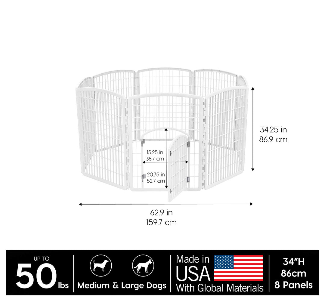 Dog Playpen, 8-Panel 34 Pet Playpen with Door, Puppy Playpen, Indoor/Outdoor Dog Pen, 63 x 63 x 34, Foldable, Customizable, White