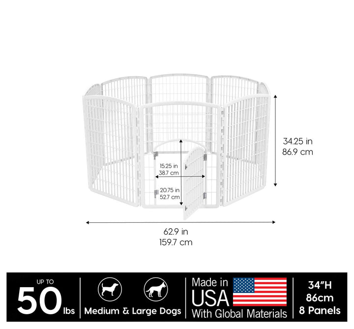 Dog Playpen, 8-Panel 34 Pet Playpen with Door, Puppy Playpen, Indoor/Outdoor Dog Pen, 63 x 63 x 34, Foldable, Customizable, White