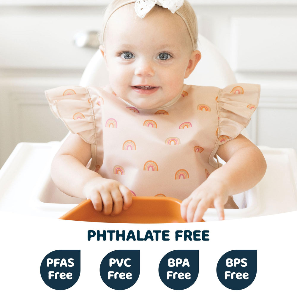 Mess Proof Baby Bib - Waterproof Baby Apron - Machine Washable - PVC, BPA, & Phthalate Free - Great Travel Bib for Baby Eating - Baby Food Bibs (Boho Rainbow, Small 6-24 Months)
