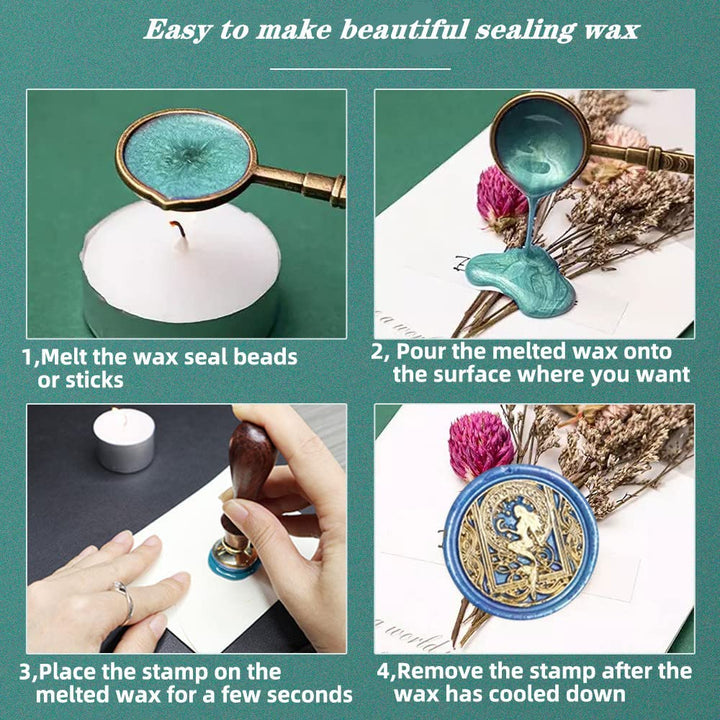 Wax Seal Stamp, Animal Wax Seal Stamp Set with 4 PCS Removable Brass Heads and 1 Wooden Handle, Dragon Mermaid Peacock Swan Wax Seal Stamp Kit for Wedding Invitation Envelopes Decoration