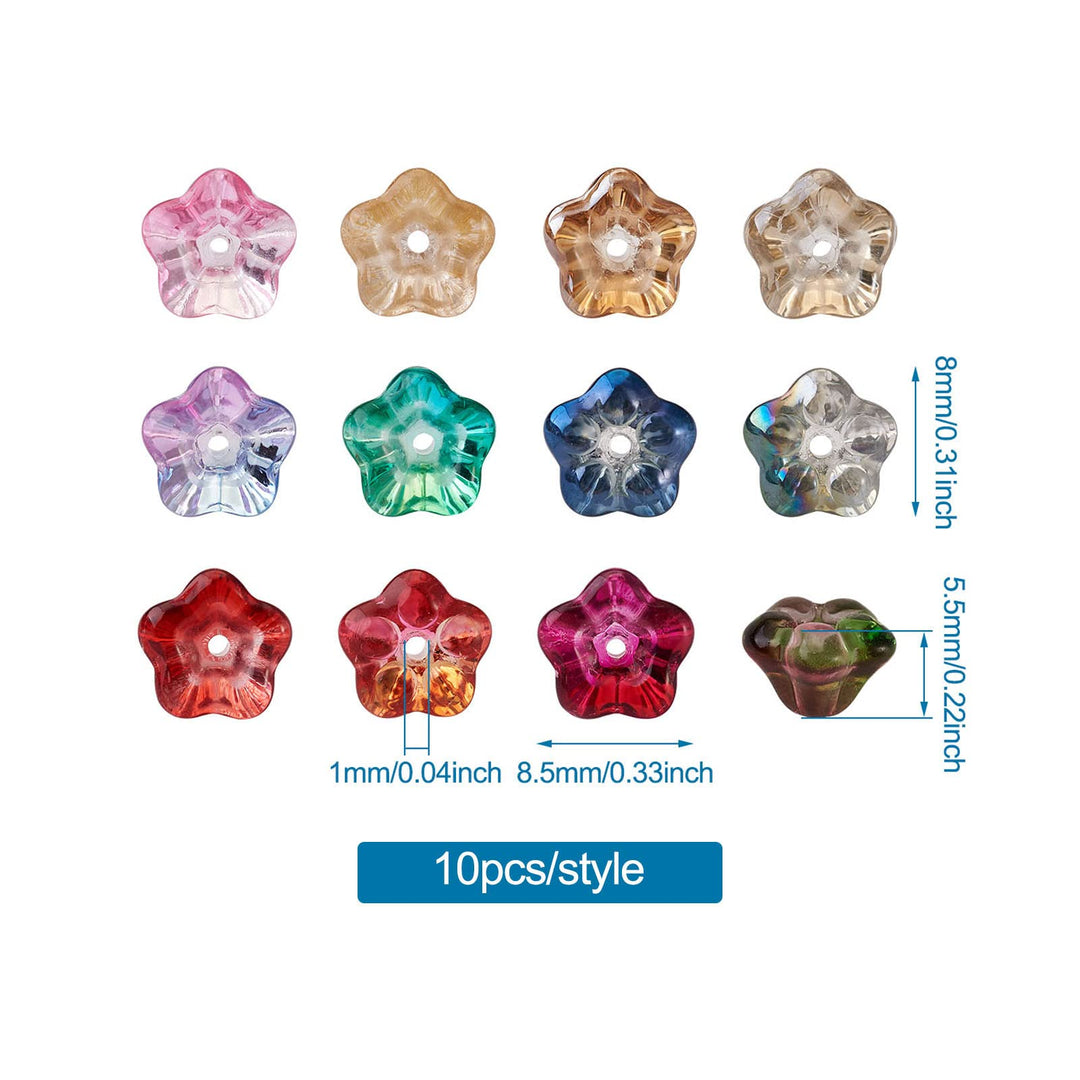 Pandahall 130Pcs Electroplate Glass Trumpet Flower Beads 8.5x8x5.5mm Colorful Mini Transparent Trumpet Floral Glass Spacer Beads for Jewelry Craft Making