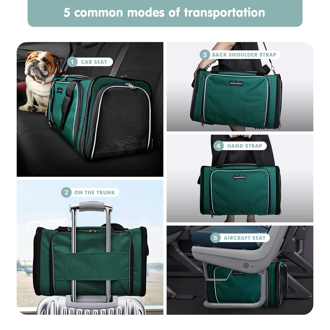 Cat Carrier, Pet Carrier Airline Approved, 2 Sides Expandable Dog Carrier, Soft-Sided Collapsible Dog Travel Bag with Removable Fleece Pad for Cats, Puppy and Small Animals (Green)