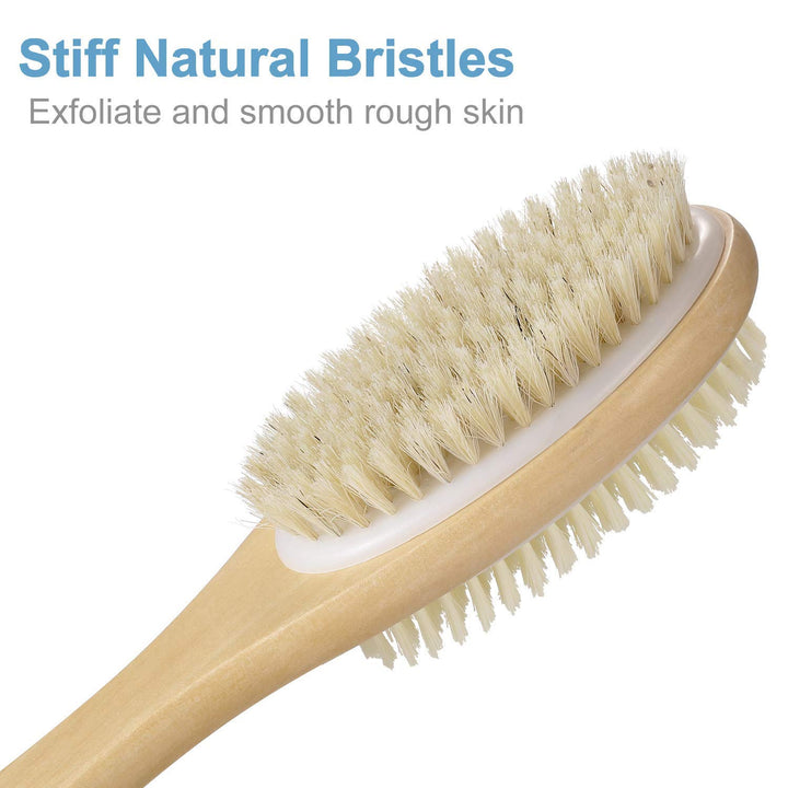 Bath Body Exfoliating Brush,Portable Shower Back Cleaning Scrubber with Long Wooden Handle, Double-Sided Brush Head for Exfoliating Skin and A Soft Scrub