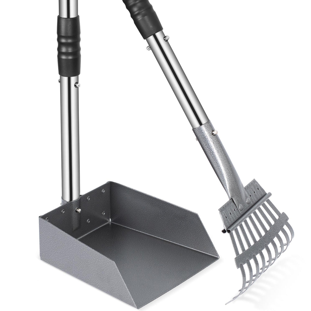 Dog Pooper Scooper, Dog Poop Tray and Rake Set, Pet Waste Removal Scoop with Long Adjustable Sectional Stainless Handles