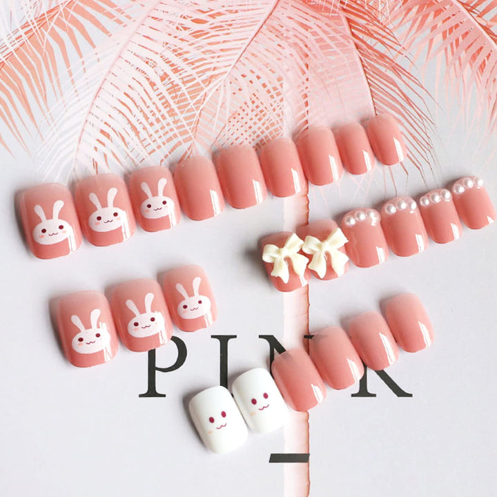 Cute Bunny Fake Press on Nails for Women Kid Cute Rabbit Fake Nails Pre-glue Short Full Cover False Nail Tips Stick on Nails Lovely Gift Girls Nail Art Decoration -Pink