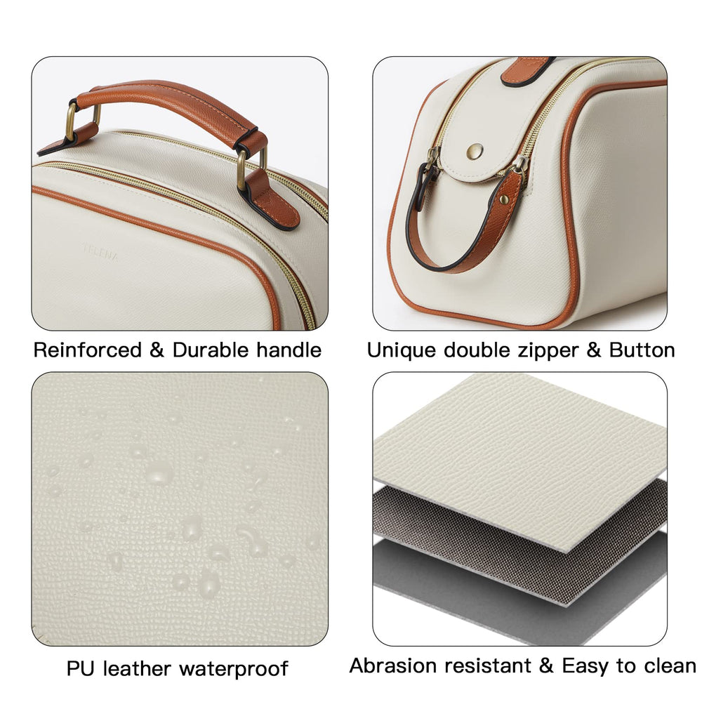 Travel Toiletry Bag Makeup Cosmetic Bags for Women Waterproof PU Leather Toiletry Organizer Portable Large Capacity Beige with Brown